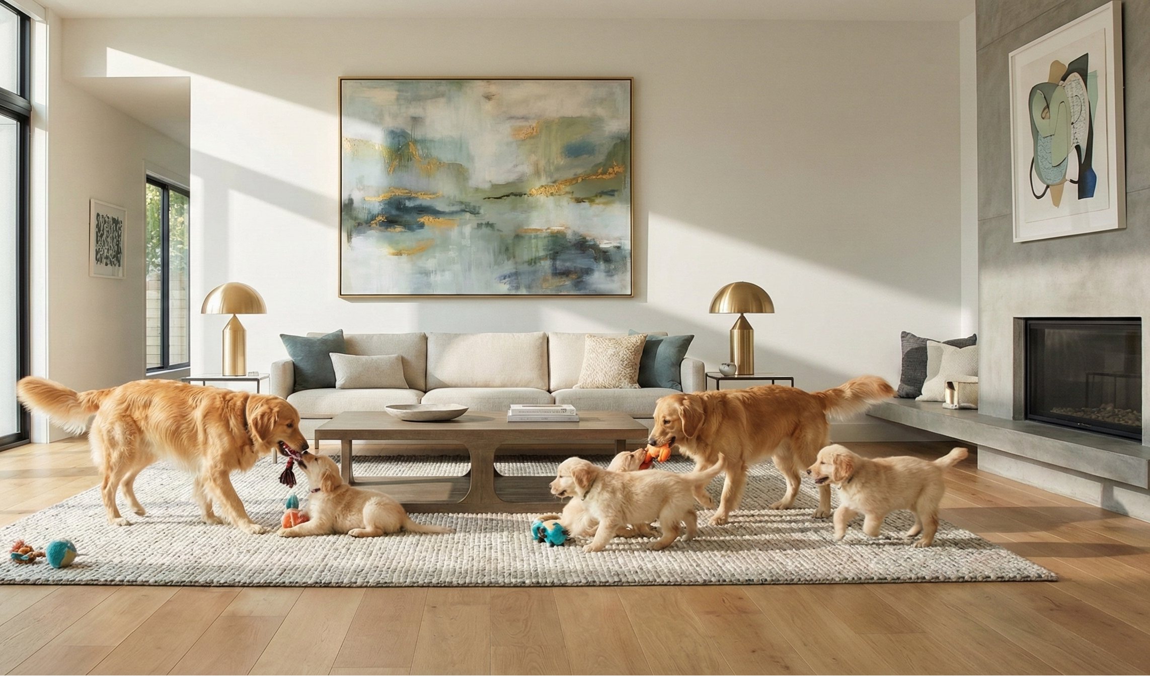 Living room with dogs playing on a rug